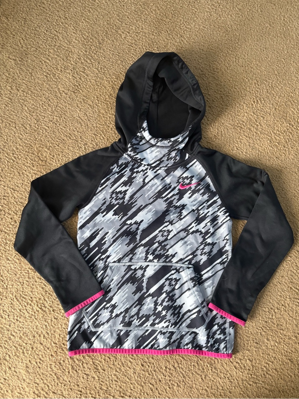 Nike Black & Gray Camo Dri-FIT Pullover Hoodie with Pink Trim